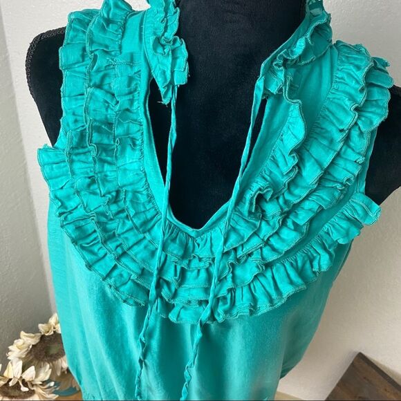 Sheer Teal/Turquoise Ruffle V-Neck - Picture 5 of 8